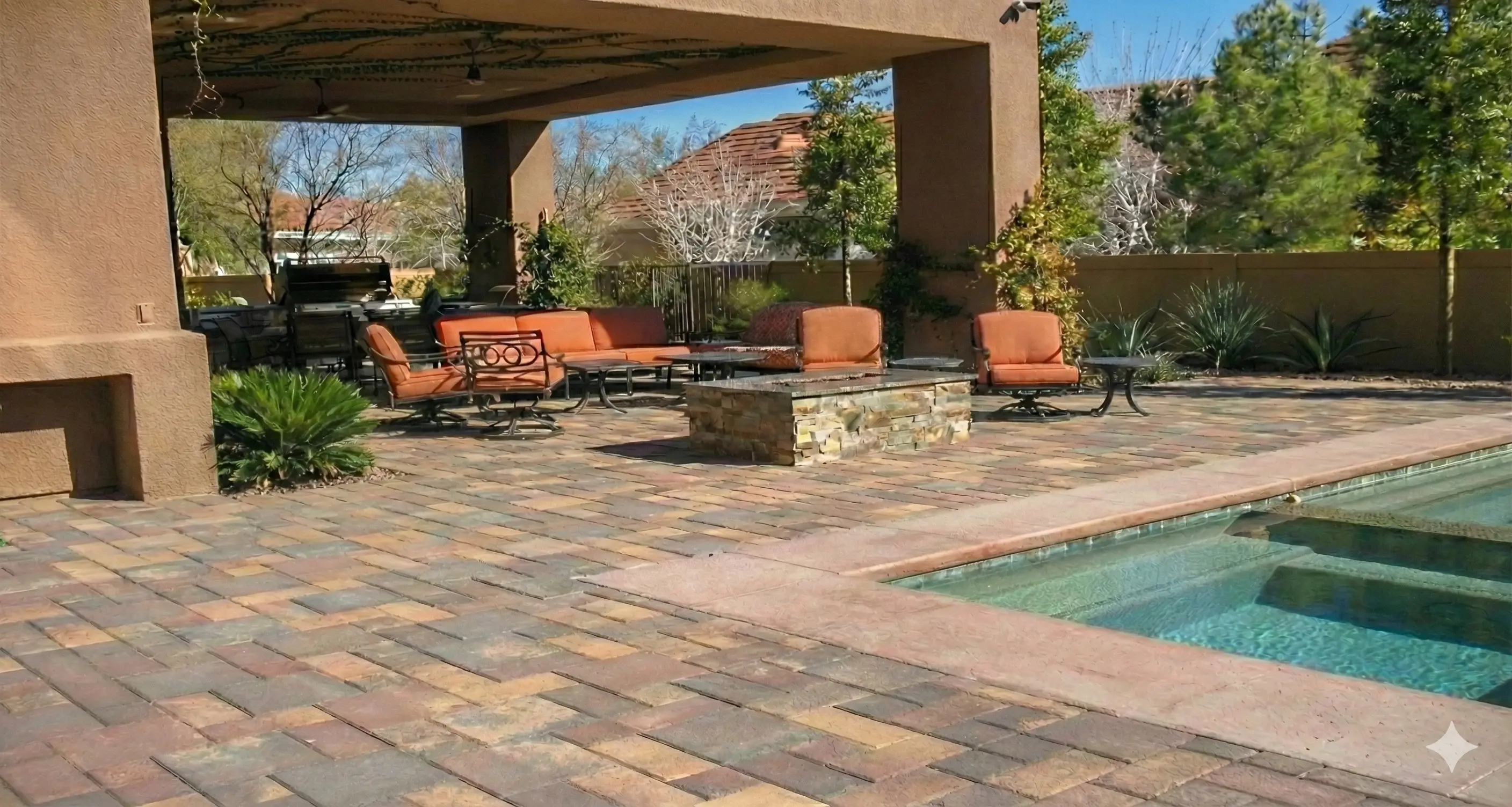 Paver pool deck in Las Vegas with a clean modern paver border