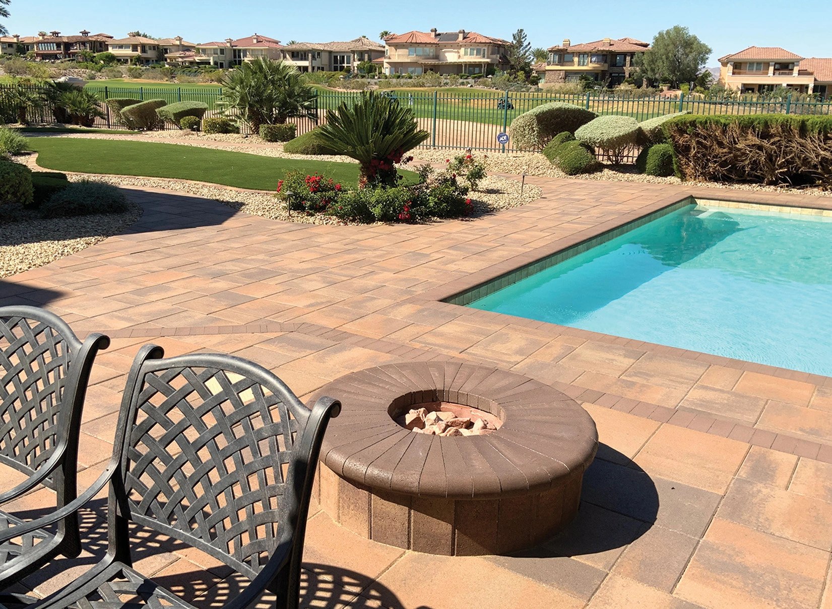 Paver pool deck in Las Vegas framing a sparkling rectangular pool