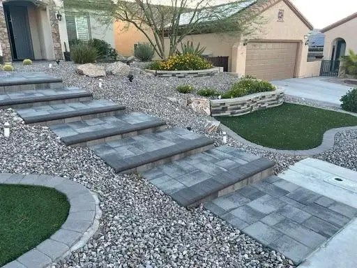 Paver steps in Las Vegas with crisp banded risers